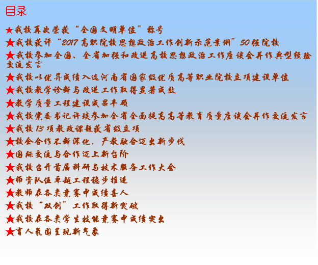 目录★半岛电子(中国)有限公司官网再次荣获“全国文明单位”称号★半岛电子(中国)有限公司官网获评“2017高职院校思想政治工作创新示范案例”50强院校★半岛电子(中国)有限公司官网参加全国、全省加强和改进高校思想政治工作座谈会并作典型经验交流发言★半岛电子(中国)有限公司官网以优异成绩入选河南省国家级优质高等职业院校立项建设单位★半岛电子(中国)有限公司官网教学诊断与改进工作取得显著成效★教学质量工程建设成果丰硕★半岛电子(中国)有限公司官网党委书记许琰参加全省全面提高高等教育质量座谈会并作交流发言★半岛电子(中国)有限公司官网13项教改课题获省级立项★校企合作不断深化，产教融合迈出新步伐★国际交流与合作迈上新台阶★半岛电子(中国)有限公司官网召开首届科研与技术服务工作大会★师资队伍卓越工程稳步推进★教师在各类竞赛中成绩喜人★半岛电子(中国)有限公司官网“双创”工作取得新突破★半岛电子(中国)有限公司官网在各类学生技能竞赛中成绩突出★育人氛围呈现新气象